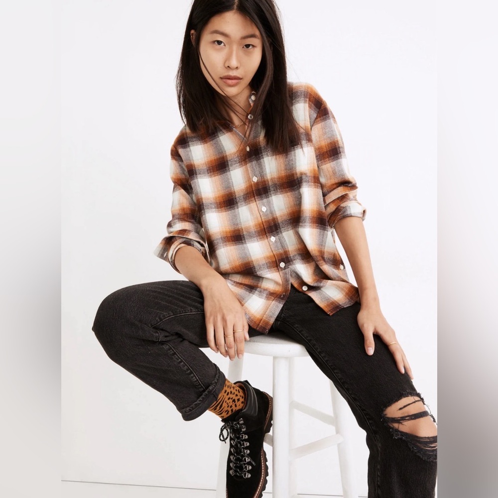 MADEWELL Oversized Ex-Boyfriend Button Down Bickett Plaid 100% Cotton Size L